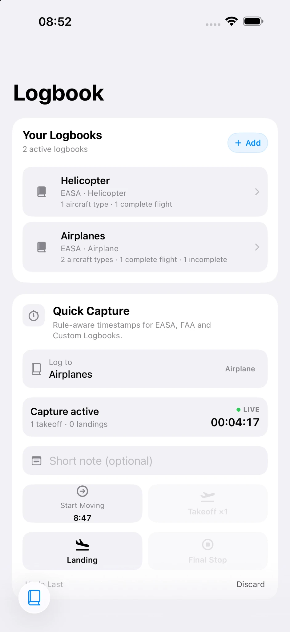 PilotTrack logbook screen