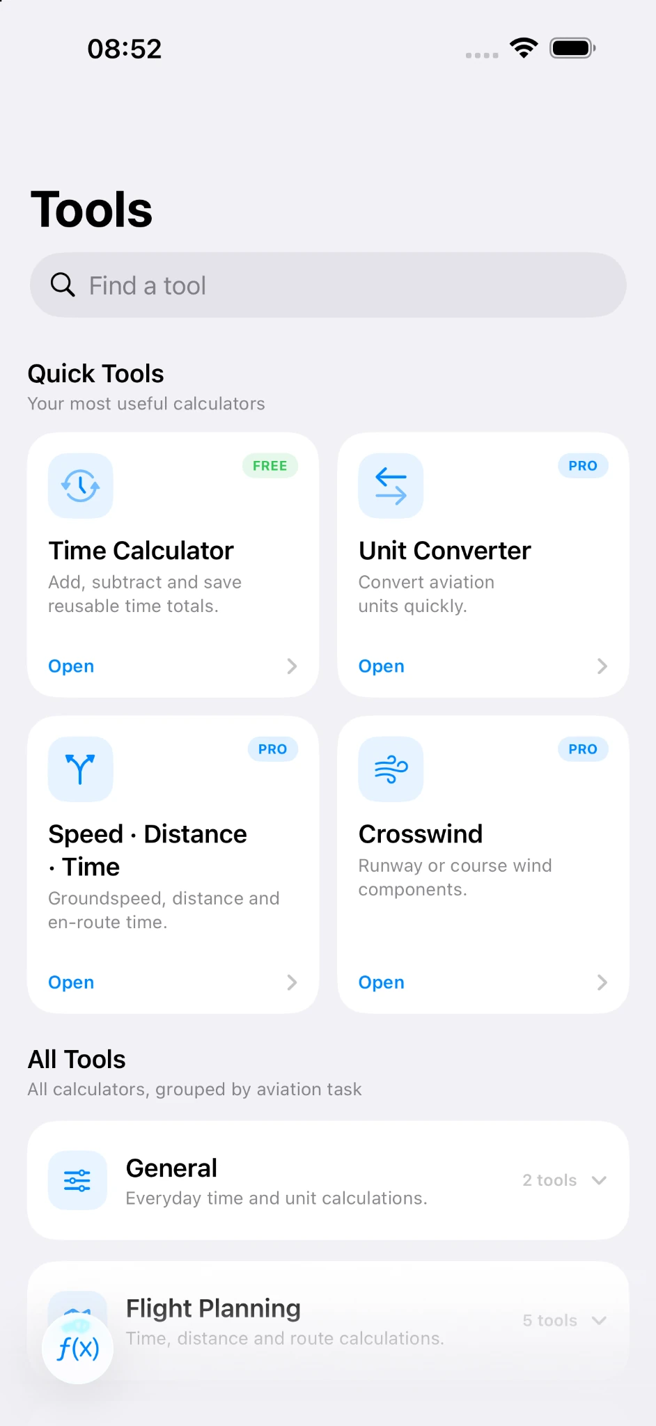PilotTrack aviation tools screen
