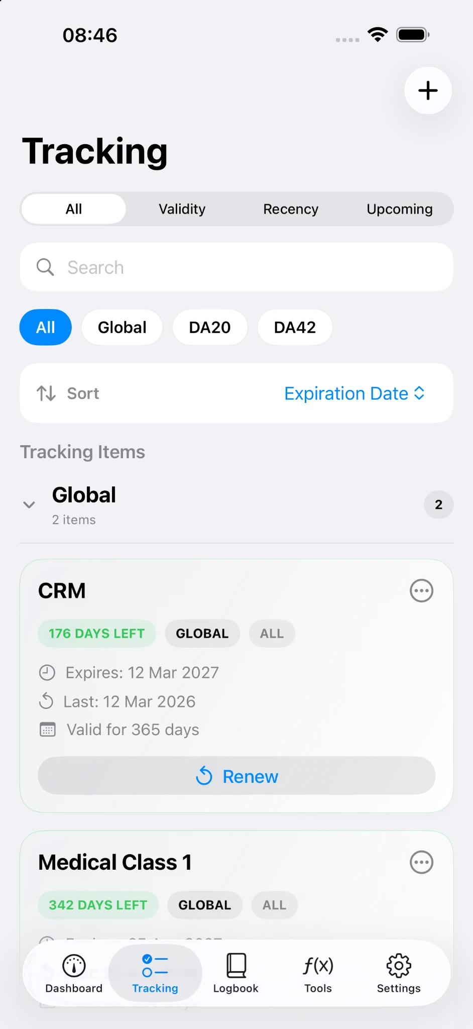 PilotTrack Tracking screen